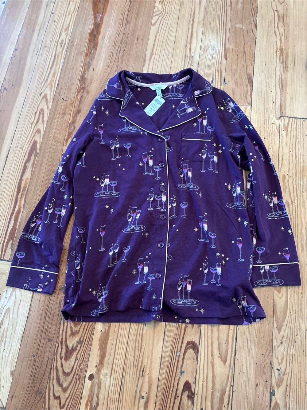 SOMA EMBRACEABLE L/S NOTCH COLLAR PJ TOP IN PARTY DRINKS BORDEAUX SIZE MEDIUM M